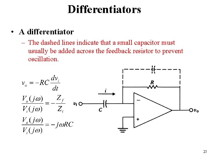 Differentiators • A differentiator – The dashed lines indicate that a small capacitor must