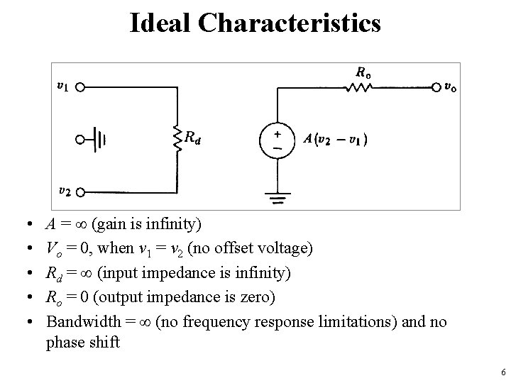 Ideal Characteristics • • • A = (gain is infinity) Vo = 0, when