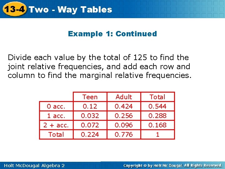 13 -4 Two - Way Tables Example 1: Continued Divide each value by the