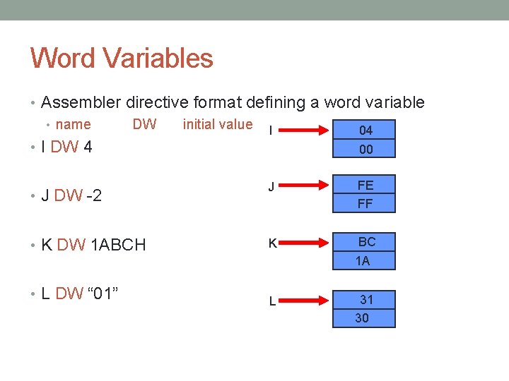Word Variables • Assembler directive format defining a word variable • name DW initial Word Variables • Assembler directive format defining a word variable • name DW initial