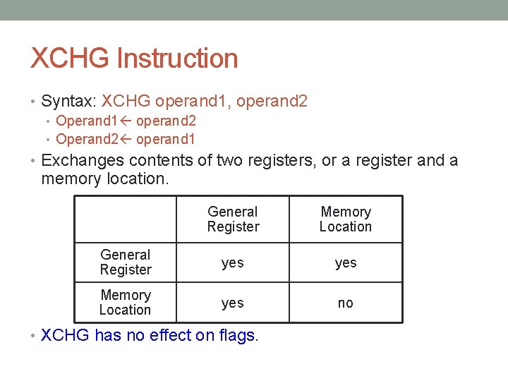 XCHG Instruction • Syntax: XCHG operand 1, operand 2 • Operand 1 operand 2 XCHG Instruction • Syntax: XCHG operand 1, operand 2 • Operand 1 operand 2