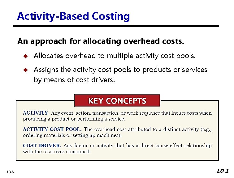 Activity-Based Costing An approach for allocating overhead costs. 18 -6 Allocates overhead to multiple