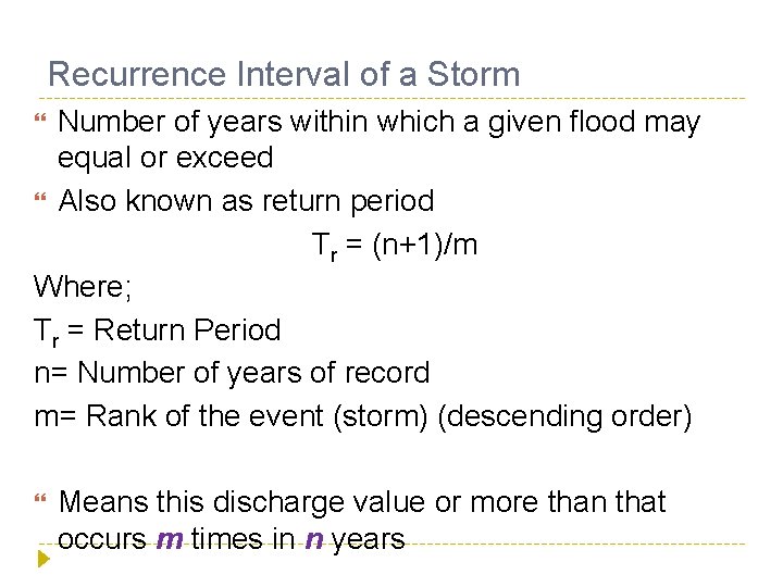 Recurrence Interval of a Storm Number of years within which a given flood may