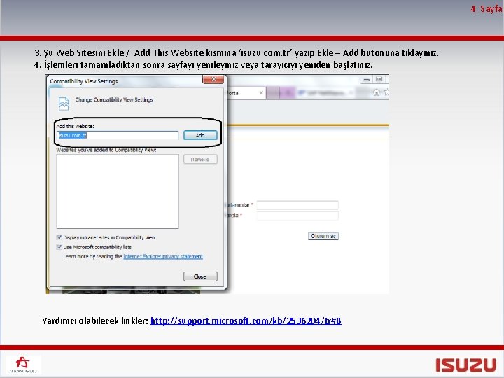 4. Sayfa 3. Şu Web Sitesini Ekle / Add This Website kısmına ‘isuzu. com.