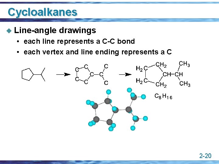 Cycloalkanes u Line-angle drawings • each line represents a C-C bond • each vertex
