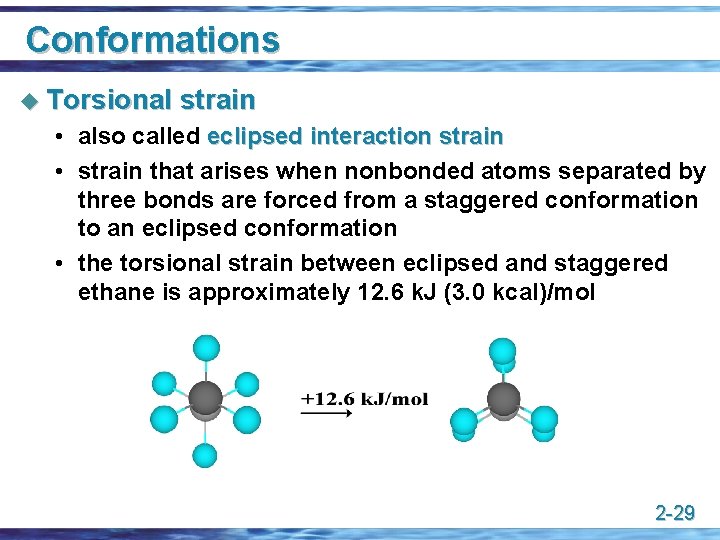 Conformations u Torsional strain • also called eclipsed interaction strain • strain that arises