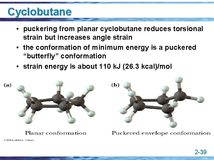 Cyclobutane • puckering from planar cyclobutane reduces torsional strain but increases angle strain •