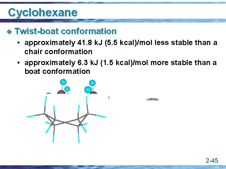 Cyclohexane u Twist-boat conformation • approximately 41. 8 k. J (5. 5 kcal)/mol less