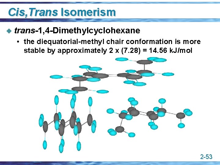 Cis, Trans Isomerism u trans-1, 4 -Dimethylcyclohexane • the diequatorial-methyl chair conformation is more