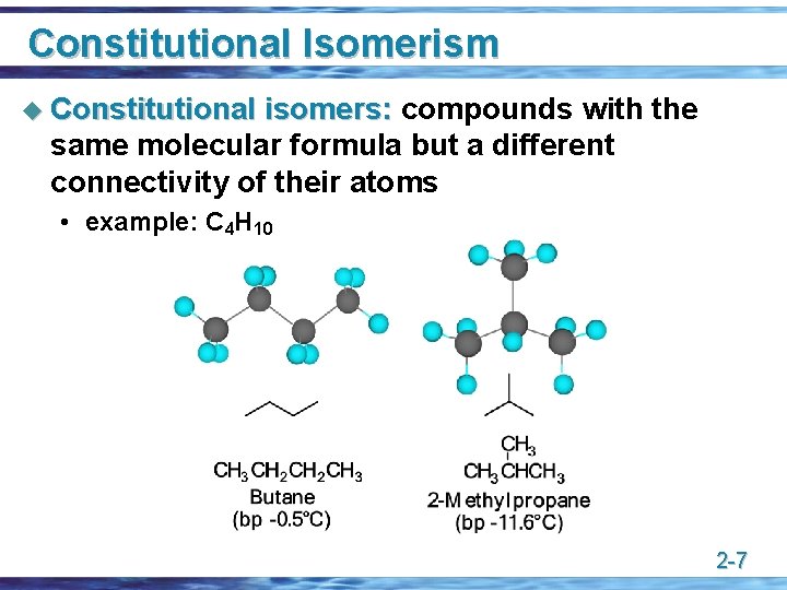 Constitutional Isomerism u Constitutional isomers: compounds with the same molecular formula but a different