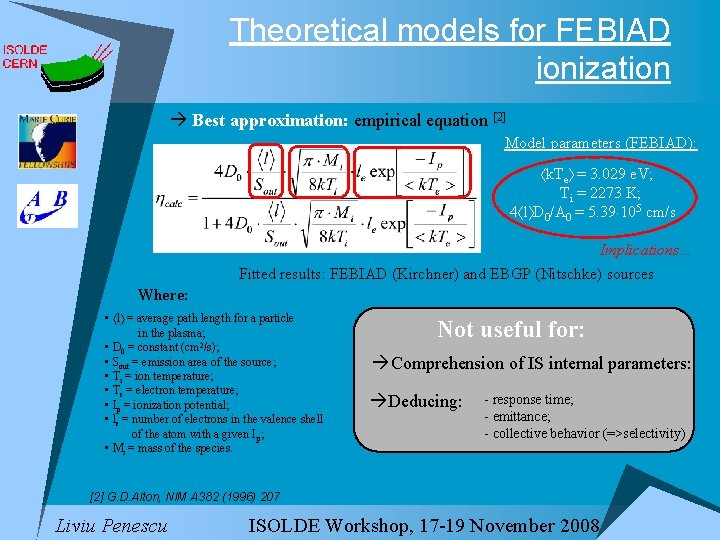 Theoretical models for FEBIAD ionization Best approximation: empirical equation [2] Model parameters (FEBIAD): k.