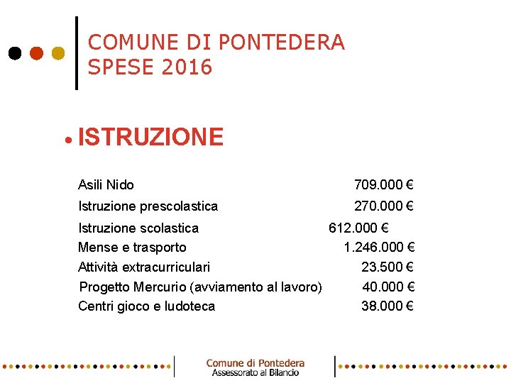 COMUNE DI PONTEDERA SPESE 2016 • ISTRUZIONE • Asili Nido 709. 000 € •