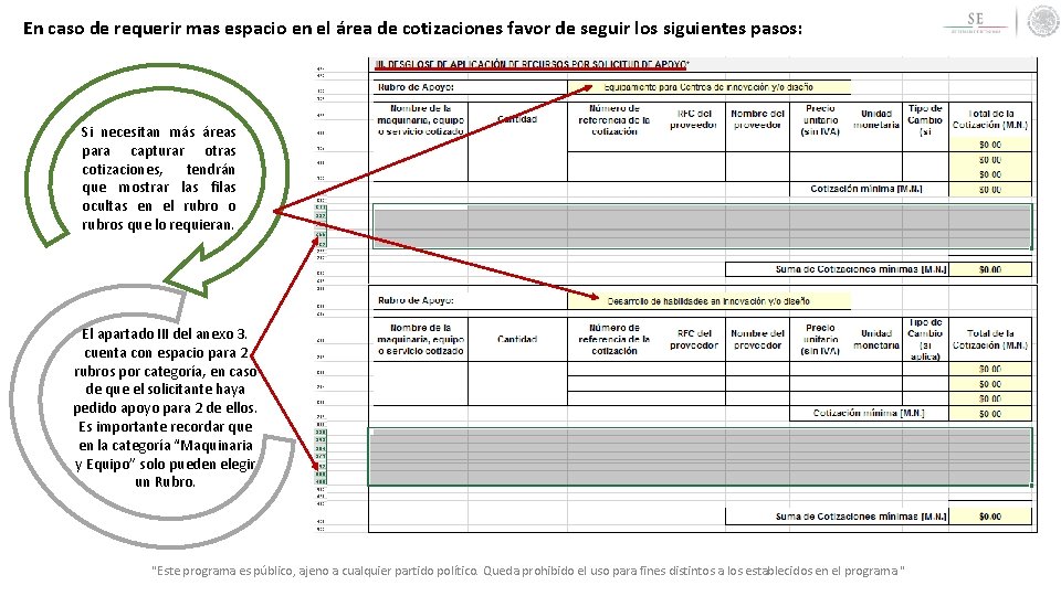 En caso de requerir mas espacio en el área de cotizaciones favor de seguir