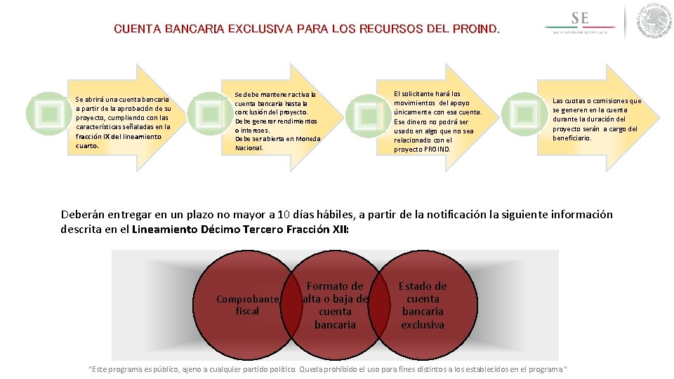 CUENTA BANCARIA EXCLUSIVA PARA LOS RECURSOS DEL PROIND Se abrirá una cuenta bancaria a