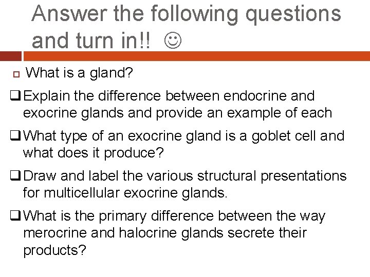 Answer the following questions and turn in!! What is a gland? q Explain the