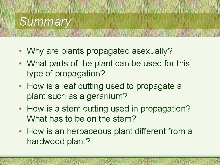 Summary • Why are plants propagated asexually? • What parts of the plant can