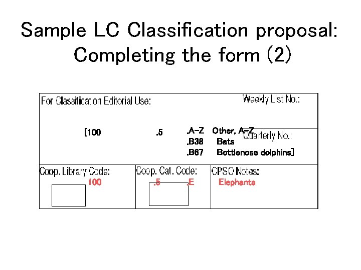Sample LC Classification proposal: Completing the form (2) [100 . 5 . A-Z Other,