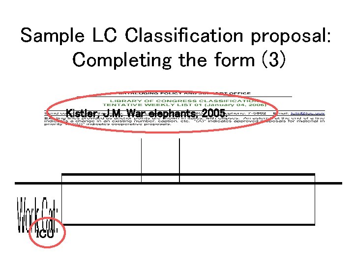 Sample LC Classification proposal: Completing the form (3) Kistler, J. M. War elephants, 2005.