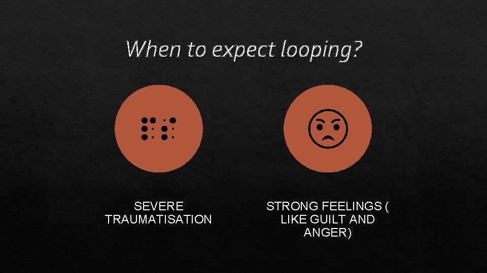 When to expect looping? SEVERE TRAUMATISATION STRONG FEELINGS ( LIKE GUILT AND ANGER) 