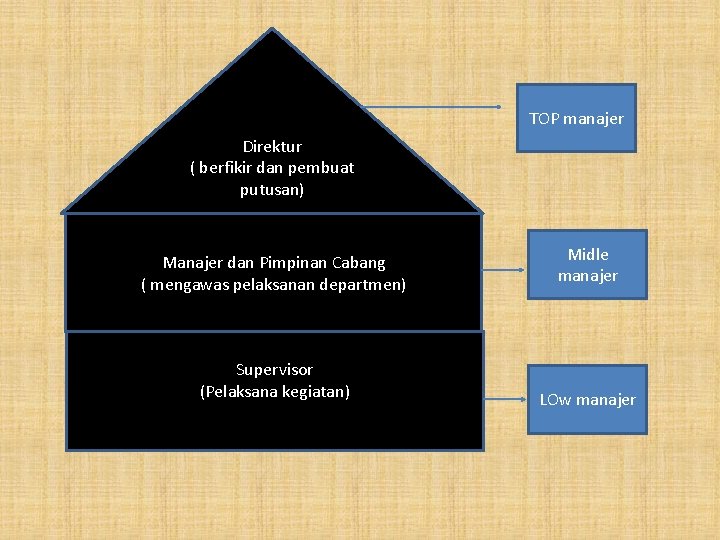 TOP manajer Direktur ( berfikir dan pembuat putusan) Manajer dan Pimpinan Cabang ( mengawas