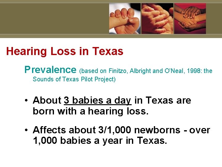 Hearing Loss in Texas Prevalence (based on Finitzo, Albright and O’Neal, 1998: the Sounds