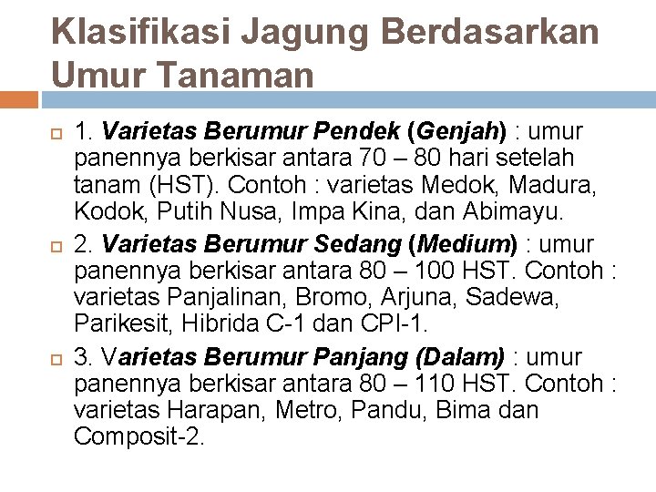 Klasifikasi Jagung Berdasarkan Umur Tanaman 1. Varietas Berumur Pendek (Genjah) : umur panennya berkisar