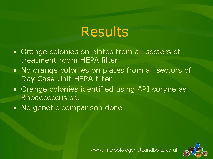 Results • Orange colonies on plates from all sectors of treatment room HEPA filter