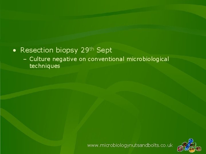  • Resection biopsy 29 th Sept – Culture negative on conventional microbiological techniques