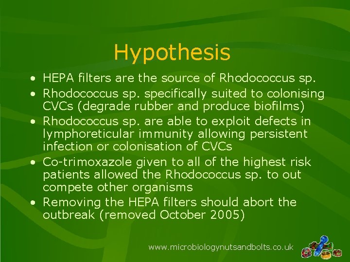 Hypothesis • HEPA filters are the source of Rhodococcus sp. • Rhodococcus sp. specifically