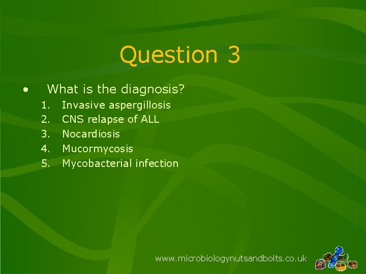 Question 3 • What is the diagnosis? 1. 2. 3. 4. 5. Invasive aspergillosis