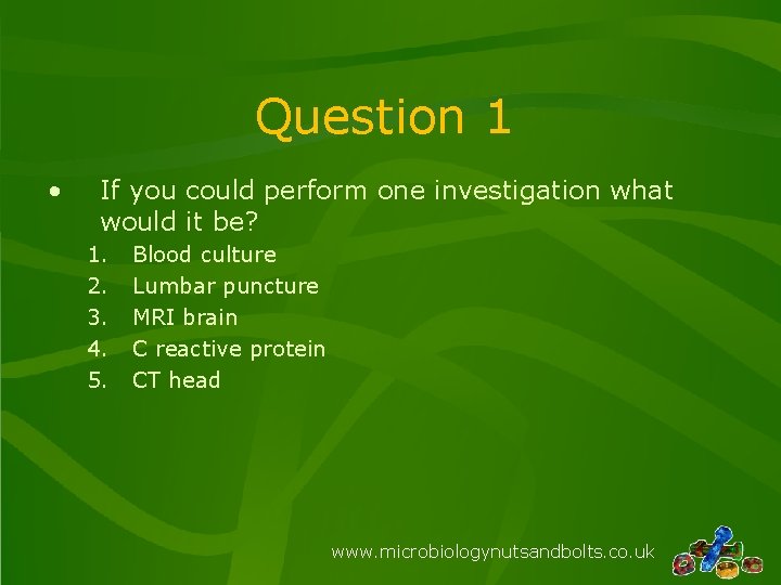 Question 1 • If you could perform one investigation what would it be? 1.