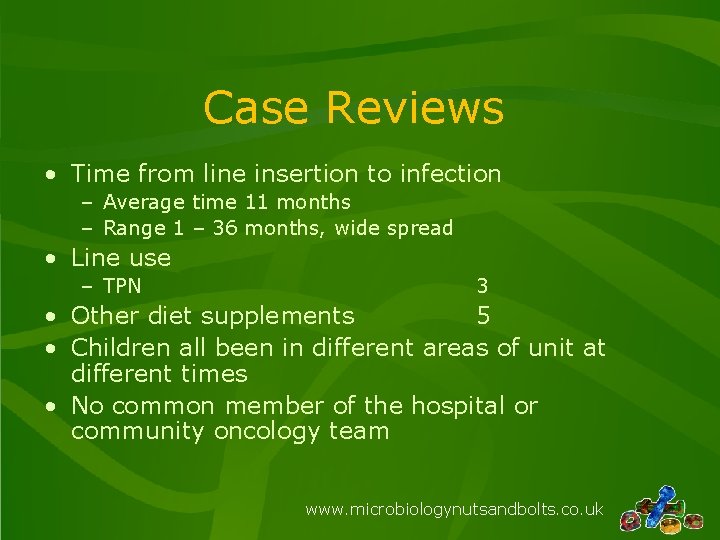 Case Reviews • Time from line insertion to infection – Average time 11 months