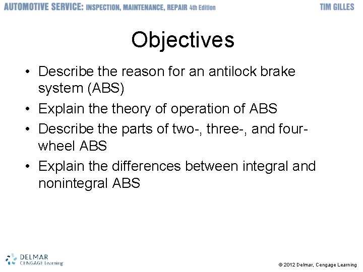 Objectives • Describe the reason for an antilock brake system (ABS) • Explain theory
