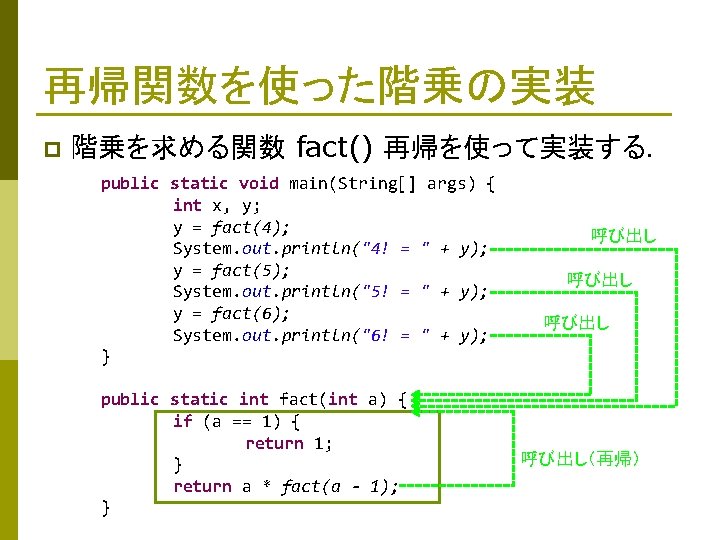 再帰関数を使った階乗の実装 p 階乗を求める関数 fact() 再帰を使って実装する． public static void main(String[] args) { int x, y;