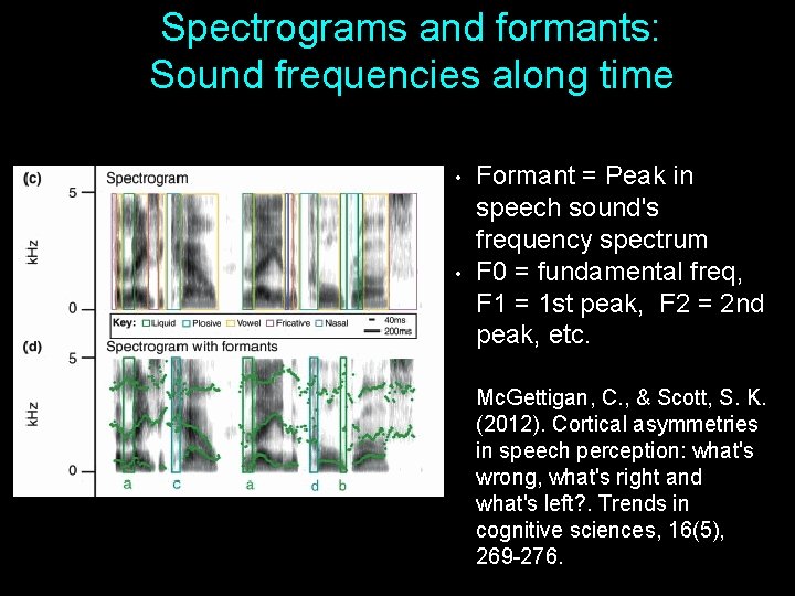 Spectrograms and formants: Sound frequencies along time • • Formant = Peak in speech