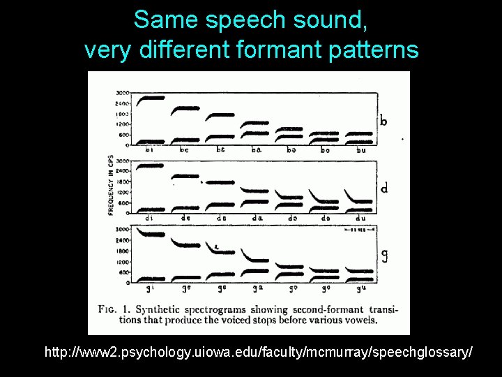 Same speech sound, very different formant patterns http: //www 2. psychology. uiowa. edu/faculty/mcmurray/speechglossary/ 27