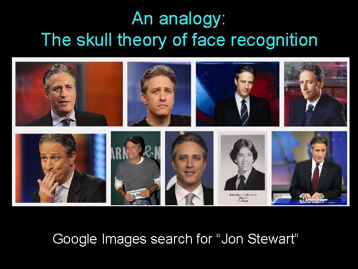 An analogy: The skull theory of face recognition Google Images search for “Jon Stewart”