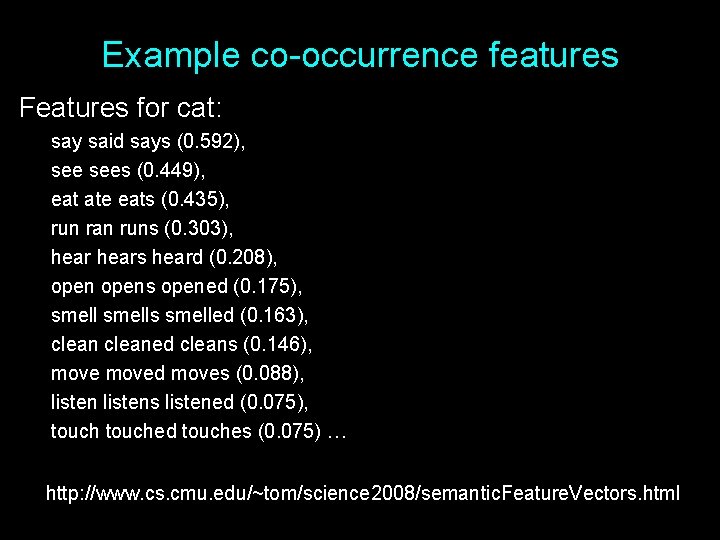 Example co-occurrence features Features for cat: say said says (0. 592), sees (0. 449),