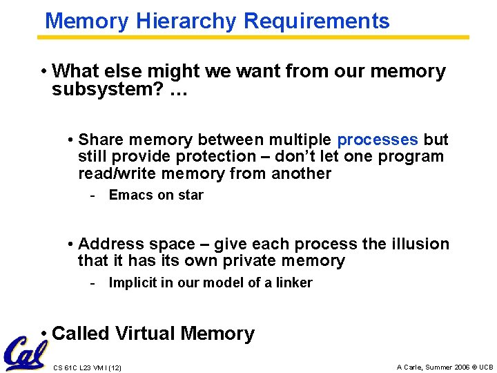 Memory Hierarchy Requirements • What else might we want from our memory subsystem? …