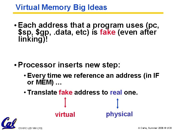 Virtual Memory Big Ideas • Each address that a program uses (pc, $sp, $gp,