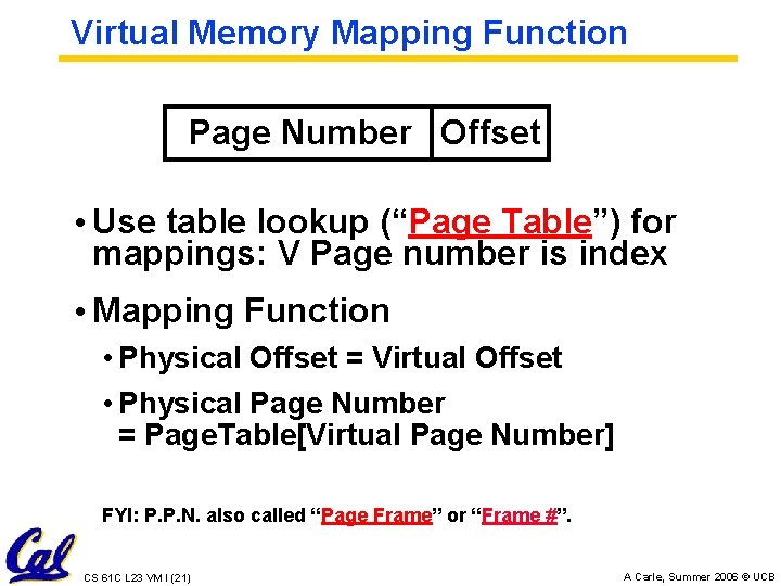 Virtual Memory Mapping Function Page Number Offset • Use table lookup (“Page Table”) for