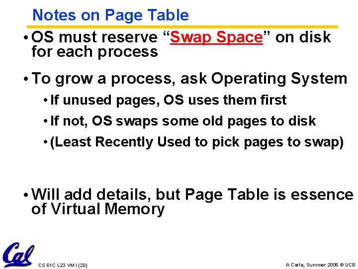 Notes on Page Table • OS must reserve “Swap Space” on disk for each