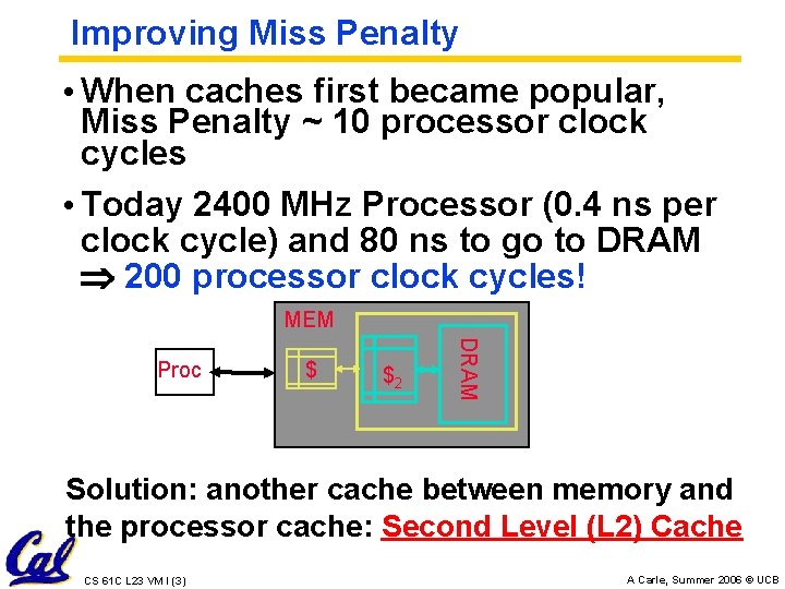 Improving Miss Penalty • When caches first became popular, Miss Penalty ~ 10 processor