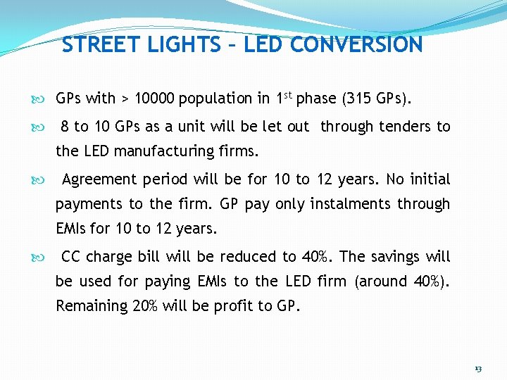 STREET LIGHTS – LED CONVERSION GPs with > 10000 population in 1 st phase