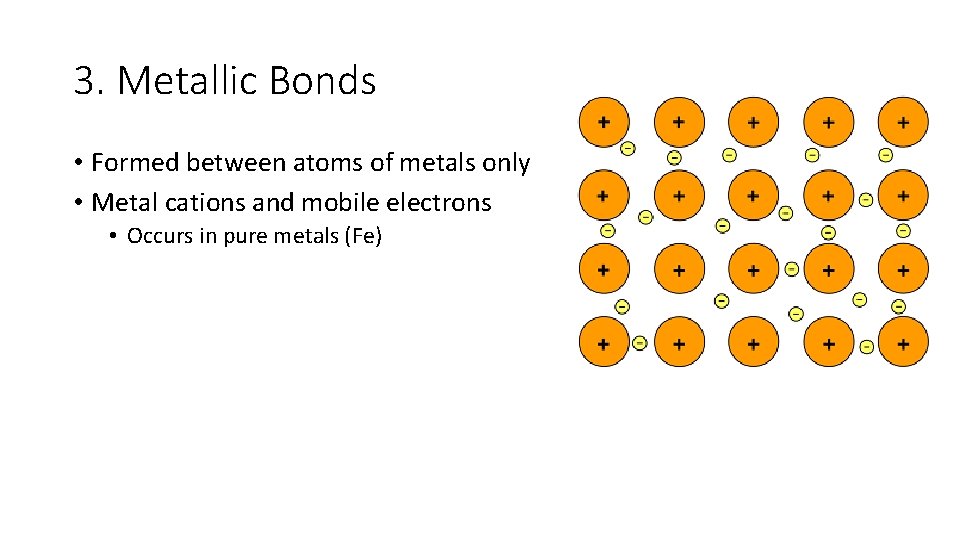 3. Metallic Bonds • Formed between atoms of metals only • Metal cations and
