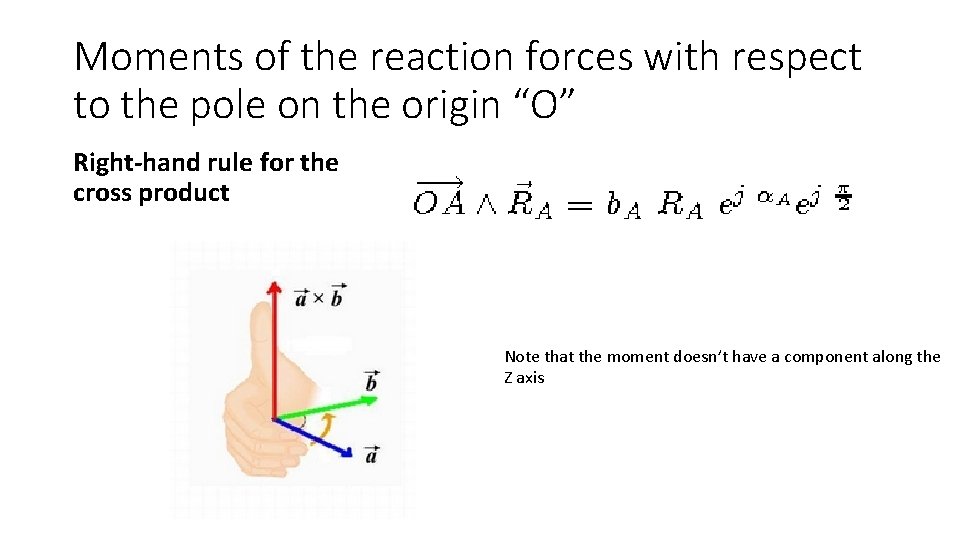 Moments of the reaction forces with respect to the pole on the origin “O”
