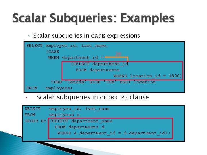 Scalar Subqueries: Examples ◦ Scalar subqueries in CASE expressions SELECT employee_id, last_name, (CASE 20