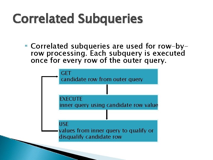 Correlated Subqueries Correlated subqueries are used for row-byrow processing. Each subquery is executed once