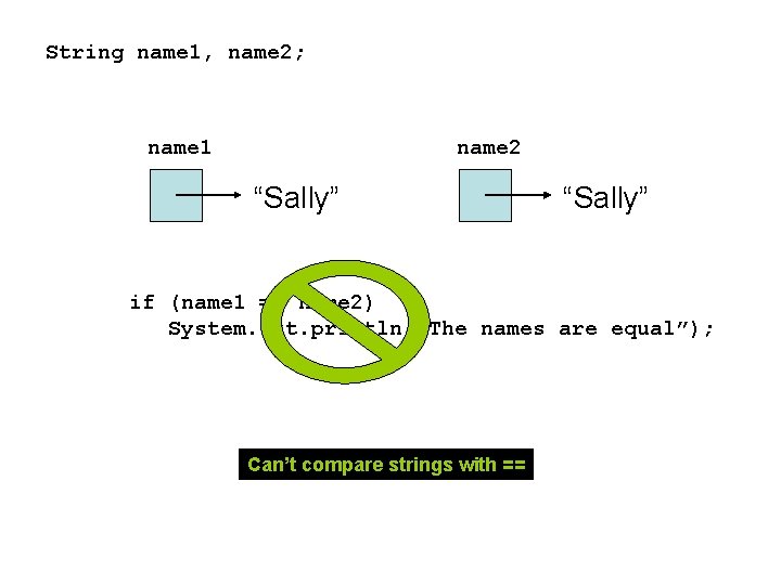 String name 1, name 2; name 2 name 1 “Sally” if (name 1 == String name 1, name 2; name 2 name 1 “Sally” if (name 1 ==