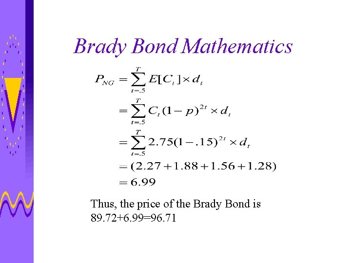 Brady Bond Mathematics Thus, the price of the Brady Bond is 89. 72+6. 99=96.